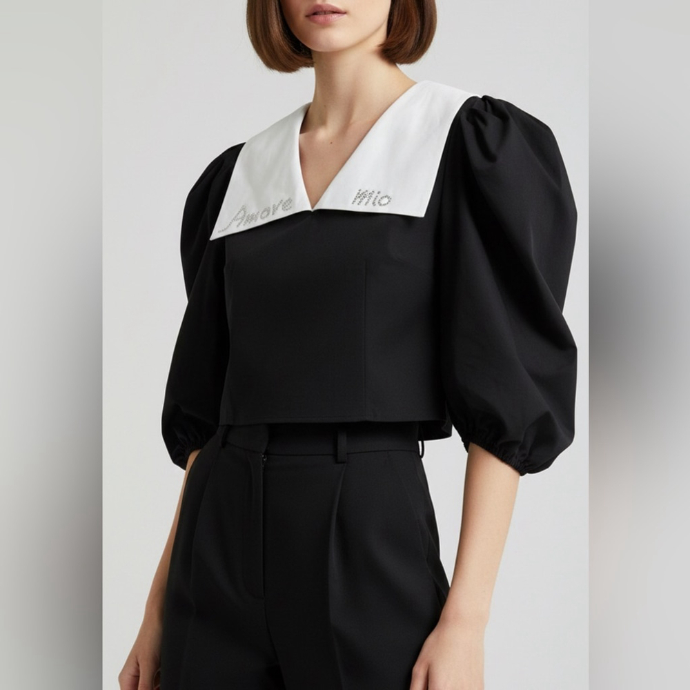 ANOUKI Sz L Embellished Contrast Collar Puff Sleeve Victorian Blouse NWOT